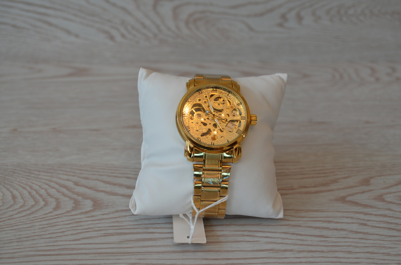 Мужские механические часы скелетон Winner bestseller new золотые с золотистым циферблатом - фото 6 - id-p1330439320