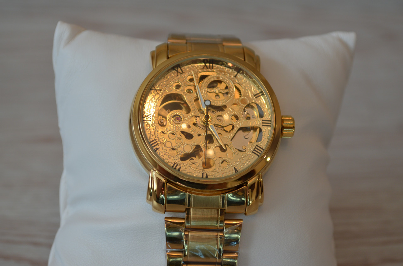 Мужские механические часы скелетон Winner bestseller new золотые с золотистым циферблатом - фото 8 - id-p1330439320