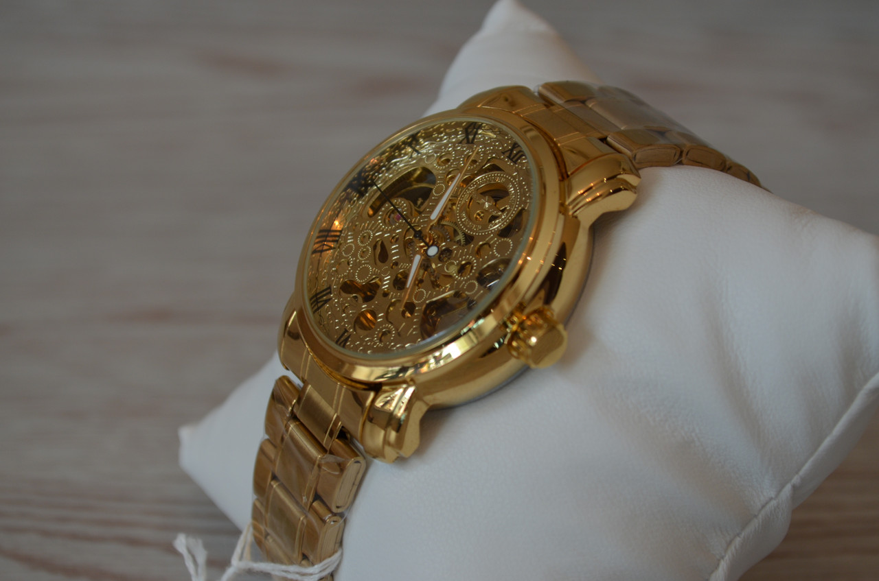 Мужские механические часы скелетон Winner bestseller new золотые с золотистым циферблатом - фото 9 - id-p1330439320