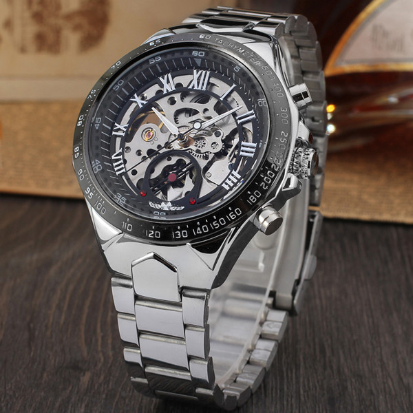 Мужские механические часы скелетон Winner action серебристые с серебристым циферблатом - фото 2 - id-p1330439321