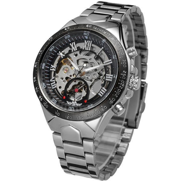 Мужские механические часы скелетон Winner action серебристые с серебристым циферблатом - фото 1 - id-p1330439321