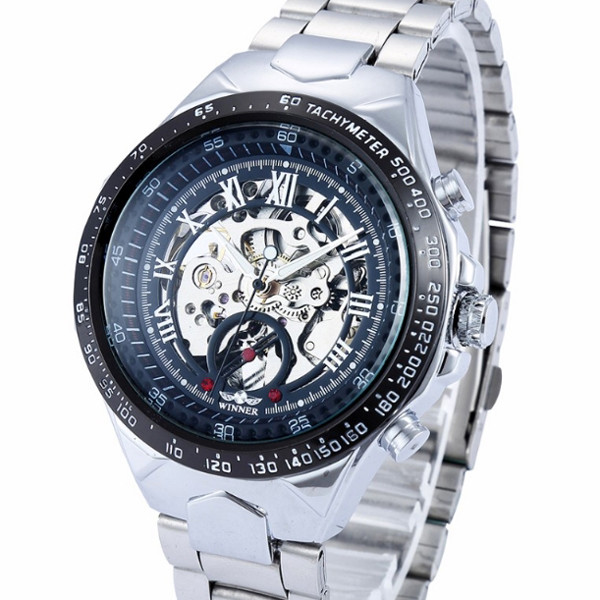 Мужские механические часы скелетон Winner action серебристые с серебристым циферблатом - фото 4 - id-p1330439321