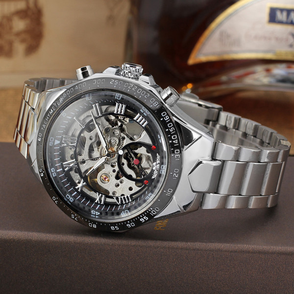 Мужские механические часы скелетон Winner action серебристые с серебристым циферблатом - фото 7 - id-p1330439321