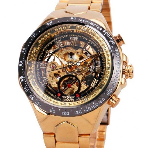 Мужские механические часы скелетон Winner action золотистые с золотистым циферблатом - фото 1 - id-p1330439322