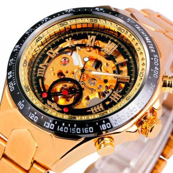 Мужские механические часы скелетон Winner action золотистые с золотистым циферблатом - фото 4 - id-p1330439322