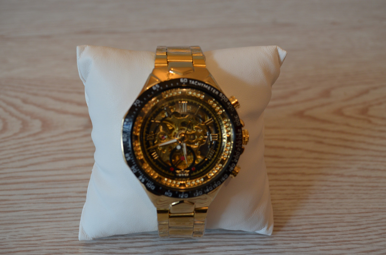 Мужские механические часы скелетон Winner action золотистые с золотистым циферблатом - фото 6 - id-p1330439322