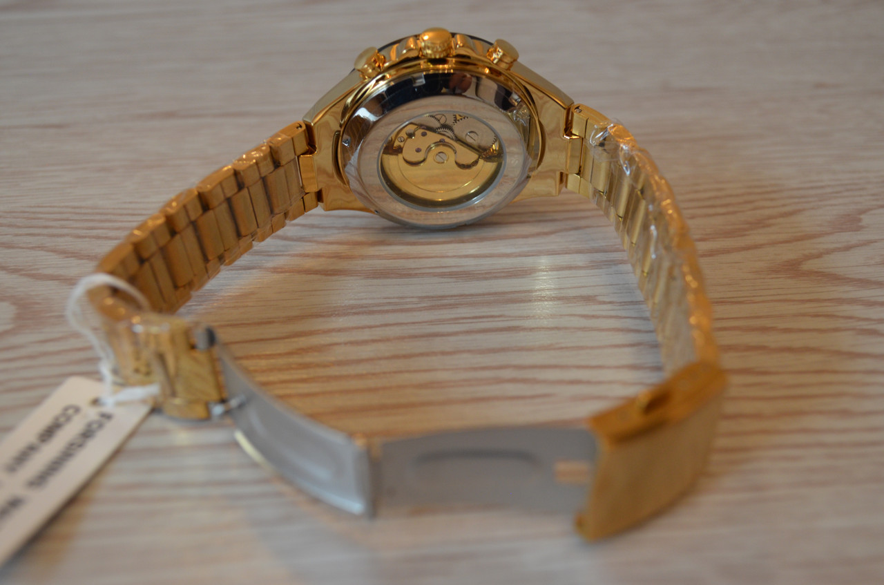 Мужские механические часы скелетон Winner action золотистые с золотистым циферблатом - фото 9 - id-p1330439322