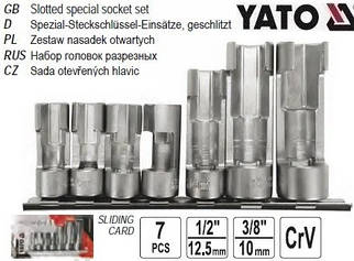Головки торцеві відкриті для лямбда-зондів і датчиків YATO 3/8" І 1/2" М10-19 CRV 7 шт