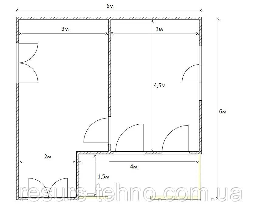 Дім 6 м х 6 м із внутрішньою тарасою 1,5 м х 4м