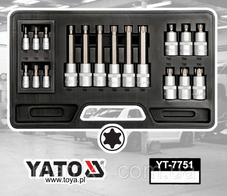 Набір торцевих головок YATO 1/2" І 1/4" з насадками TORX 18 предметів, фото 1