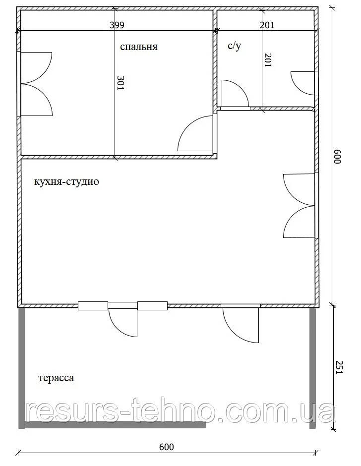 Дім 6 м х 6 м із терасою 6 м х 2,5м