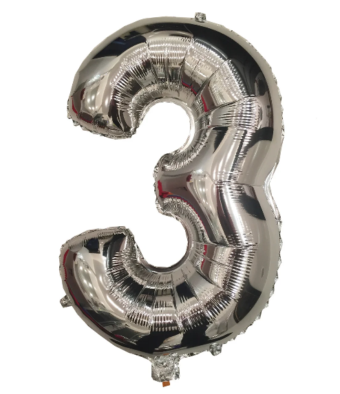 Куля цифра "3" фольгований срібний, висота 35 см