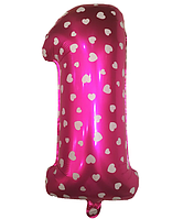 Фольгированный шар цифра "1" розовый с сердечками, высота 35 см.