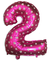 Фольгированный шар цифра "2" розовый с сердечками, высота 35 см.