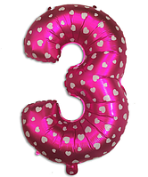 Фольгированный шар цифра "3" розовый с сердечками, высота 35 см.