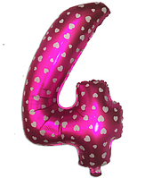 Фольгированный шар цифра "4" розовый с сердечками, высота 35 см.