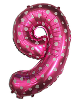 Фольгированный шар цифра "9" розовый с сердечками, высота 35 см.