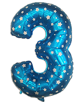 Фольгированный шар цифра "3" голубая со звездочками , высота 35 см.