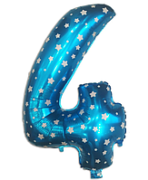 Фольгированный шар цифра "4" голубая со звездочками , высота 35 см.
