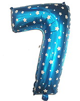 Фольгированный шар цифра "7" голубая со звездочками , высота 35 см.