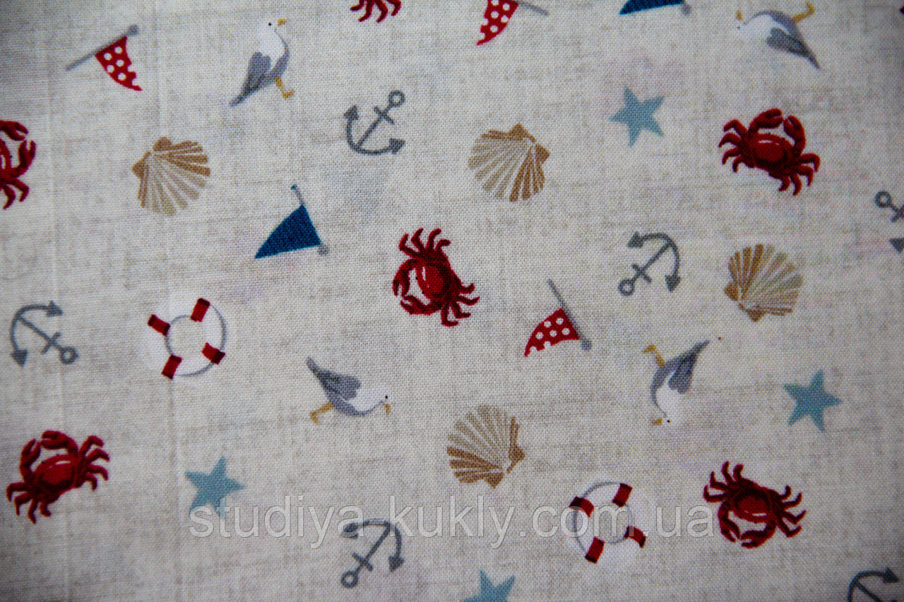 Тканина для печворку. Тканина для ляльки. арт1640. Колекція Beach Fabric Cotton Quilting Fabric Sea View Sca. Makower UK (Англия).