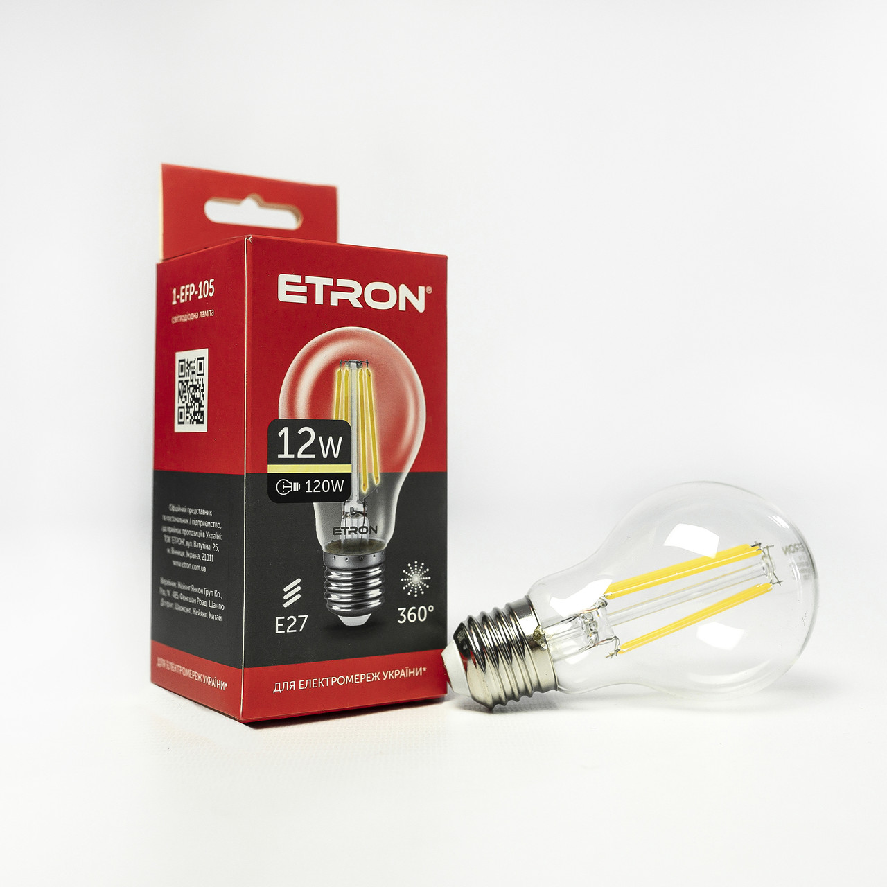 LED лампа ETRON Filament 1-EFP-105 A60 12W 3000K E27 прозора, фото 1