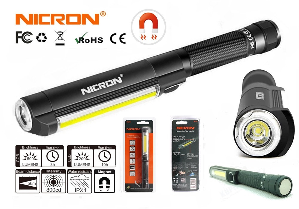 Універсальний ліхтарик NICRON WL15 500+120LM з торцевим магнітом (COB+Seoul LED / 5 Режимів / 3*AAA)