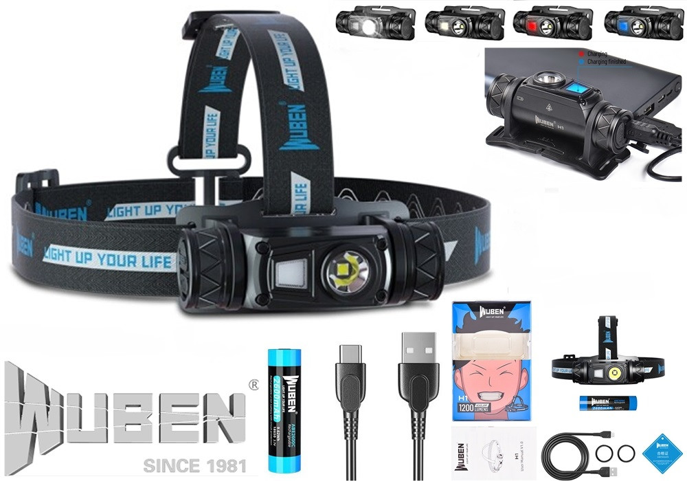 Налобний ліхтар Wuben H1 Multi Color + Батарея 2600mAh (1200Lm, Osram P9 LED, USB, 18650, IP68)