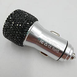 Автомобільний зарядний пристрій на 2 входи, з чорними стразами