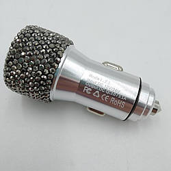 Автомобільний зарядний пристрій на 2 входи, з сірими стразами