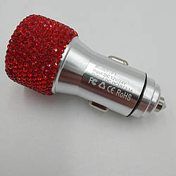 Автомобільний зарядний пристрій на 2 входи, з червоними стразами