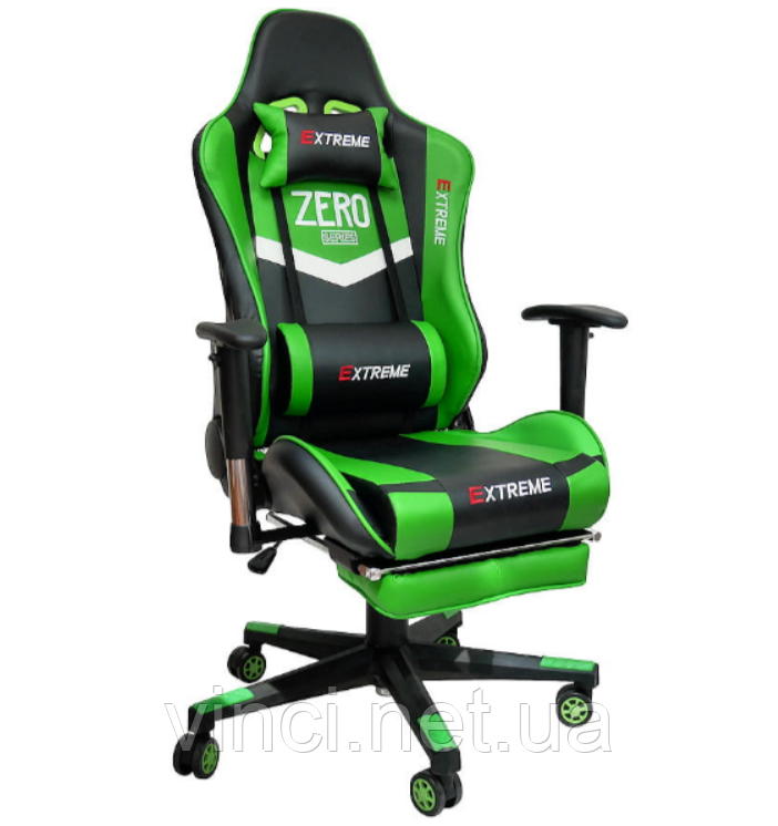 Крісло Ігрове EXTREME ZERO GREEN Кресло игровое Геймерское кресло с подставкой + ПОДУШКИ стул спортивний, фото 1