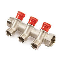 Колектор із вентильними кранами 3/4x3/4 General Fittings на 3 виходи червоний