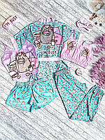 Комплект (пижама 2шт. и халат) женский шелковый с принтом Im busy бирюзовый