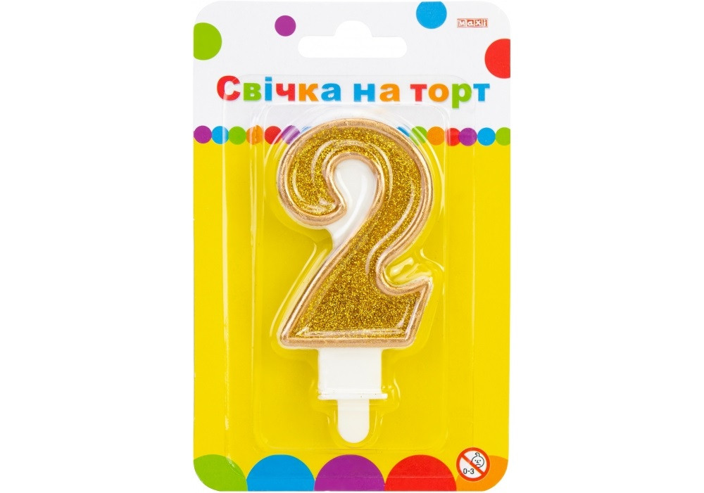 Свічка в торт "Цифра-2" золотиста 7,62см з блискітками №MX622083-2(24)(288)