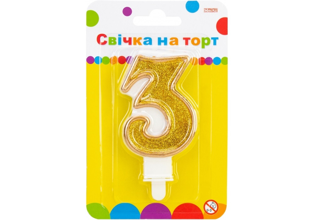 Свічка в торт "Цифра-3" золотиста 7,62см з блискітками №MX622083-3(24)(288)