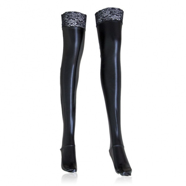Вінілові панчохи з мереживною резинкою — чорні Глянцеві вінілові панчохи з мереживною резинкою — чорні