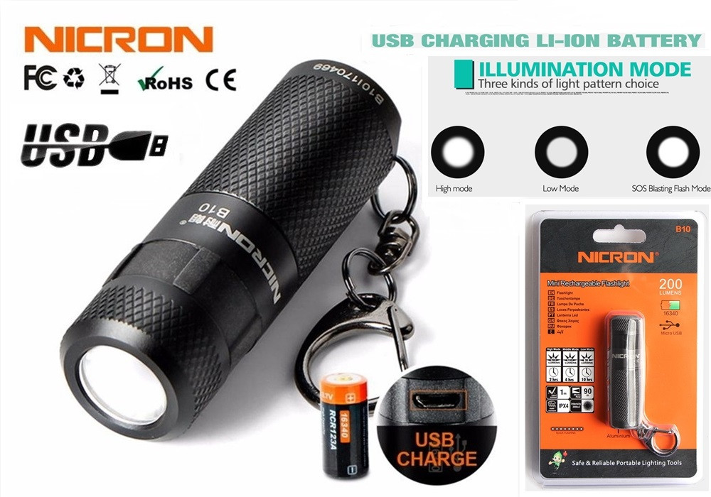 Кишеньковий ліхтар Nicron B10+Aкумулятор 16340 (200LM, Cree XP-E2 R3, USB) мініліхтарик із роторним керуванням
