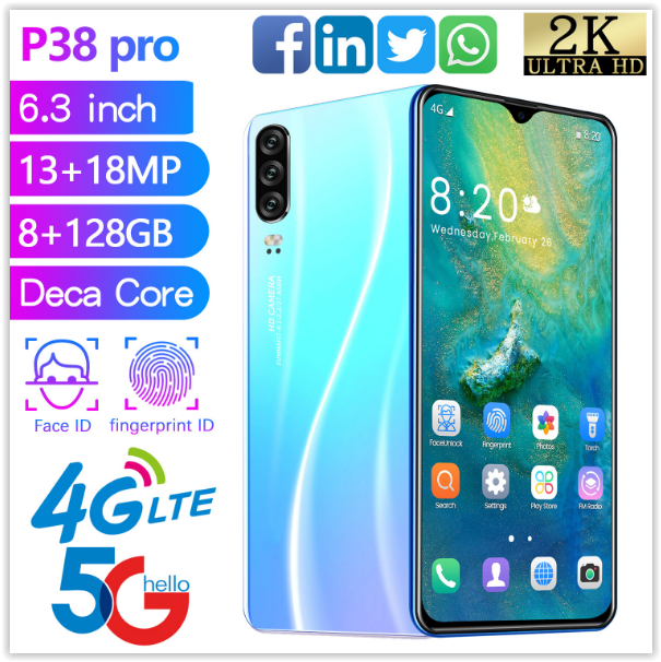 Смартфон P38pro розумний телефон Android 8 + 128G 10 ядер face id і сканер відбитка пальця світло блакитний