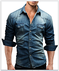 Джинсова чоловіча сорочка код 60 синя з довгим рукавом Розміри: L, XL, XXL