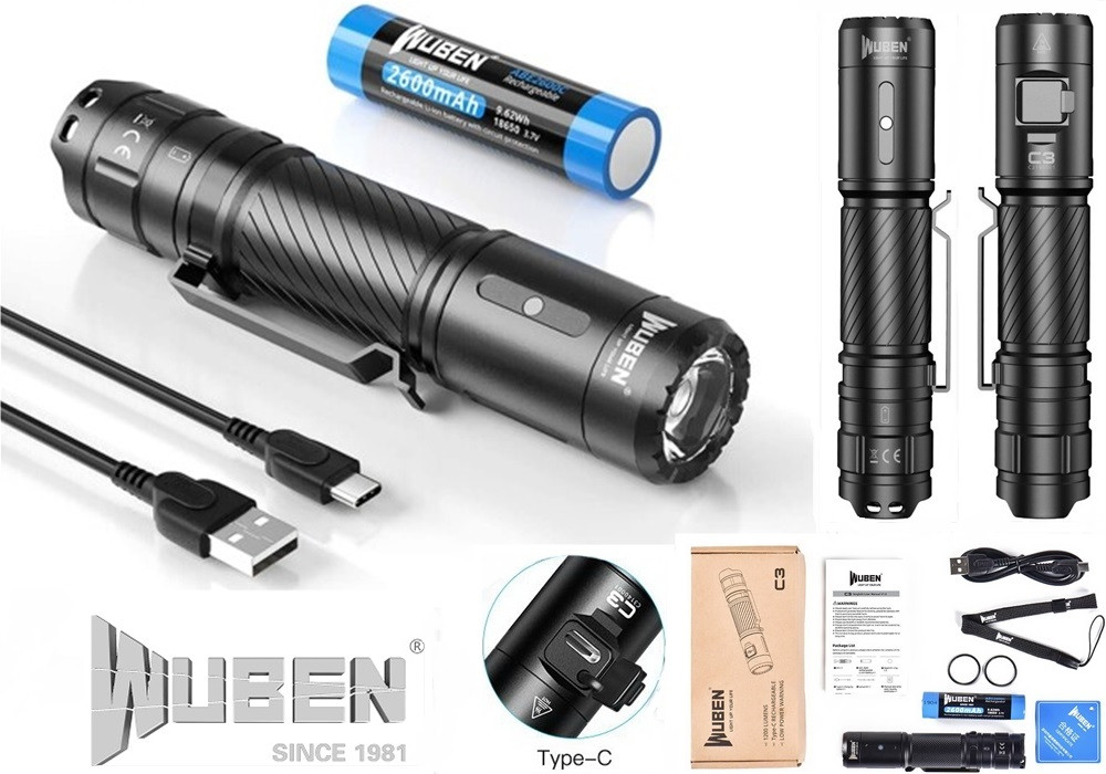 Ліхтар Wuben C3 (1200LM, Osram P9 LED, USB Type-C, IP68, Акумулятор 18650*2600mAh)