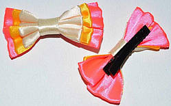 Шпилька качечка для волосся 7х4 см 2 шт. бант атлас жовтий із рожевим