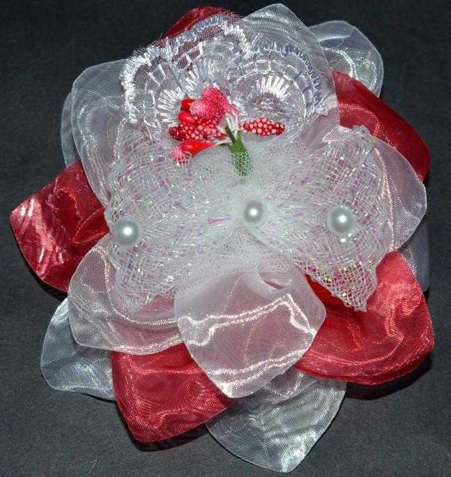 Бант на гумці, червоний із білим, бант із сітки, мереживо (2 шт.) 21_3_261a1, фото 1