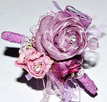 Краб для волосся чорний пластик, мереживо, три квітки з мережива, органзи й атласу, розмір 9х5 см, фіолетовий