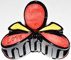 Краб для волосся 7х4 см пластик тканина червона з жовтим