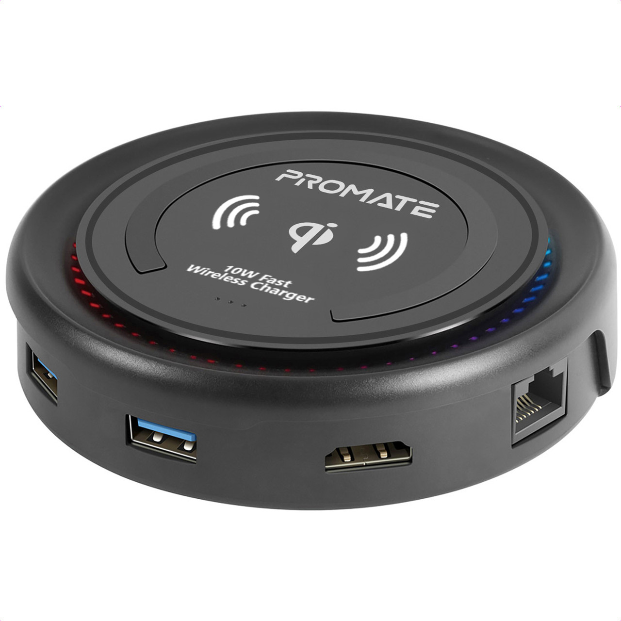 Док-станція 6-в-1 Promate CenterHub USB-C PD/10W Wireless Charger/HDMI/2xUSB 3.0/USB-C 3.1/RJ45 Black (centerhub.black)