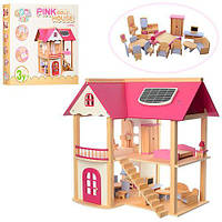 Детский деревянный домик с мебелью для кукол Bambi 2 этажа, розовый. Необычный подарок девочке от 3 лет
