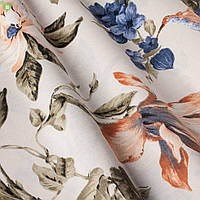 Декоративная ткань для штор с мелкой колибри опыляющей крупные тропические цветки сливочного цвета Турция