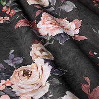 Декоративная ткань для штор с мелкими бутонами блекло-бордовых роз на черном Испания