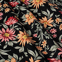 Декоративная ткань для штор, покрывал, скатертей, мебельных чехлов оранжевые и бордовые цветы на черном 180см